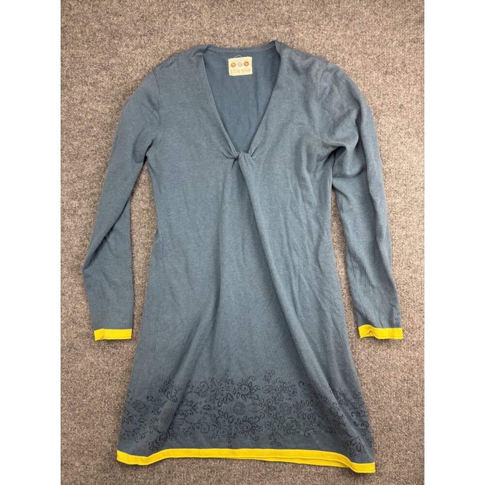 Title Nine Sweater Dress Womens Medium Blue Floral V Neck Knit Long‎ Sleeve